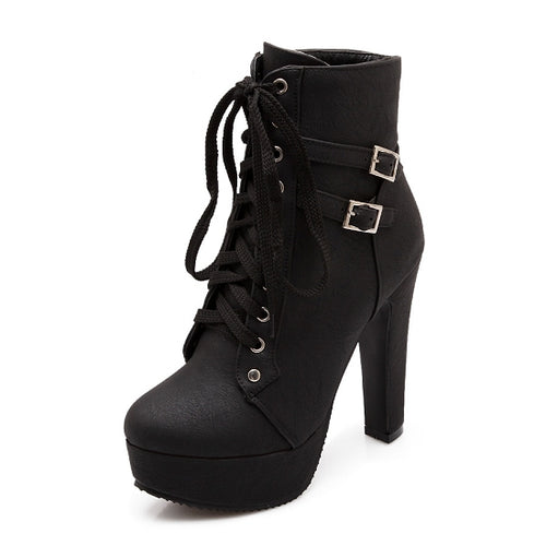 Load image into Gallery viewer, Winter Ankle Boots Buckle Lace Up with Thick High Heels-women-wanahavit-Black-4-wanahavit
