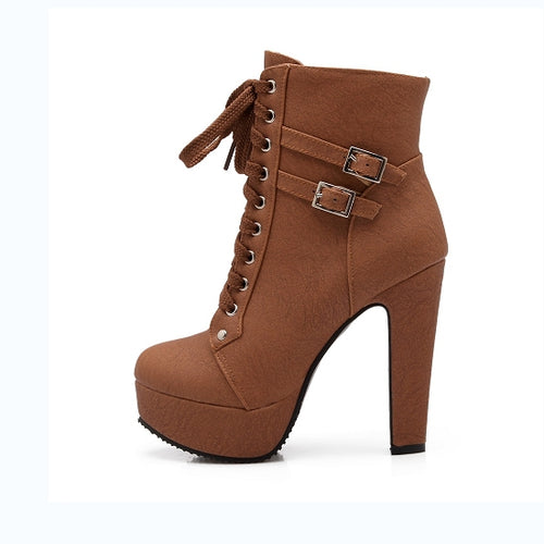 Load image into Gallery viewer, Winter Ankle Boots Buckle Lace Up with Thick High Heels-women-wanahavit-Brown-4-wanahavit
