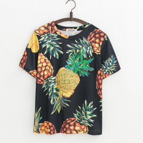Load image into Gallery viewer, Pineapple Printed with Sequines Summer Tees-women-wanahavit-Black-One Size-wanahavit
