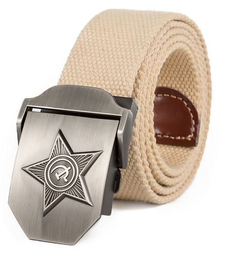 3D Five Rays Star Military Belt Old CCCP Army Patriotic Canvas Belt-men-wanahavit-Khaki-110CM-wanahavit