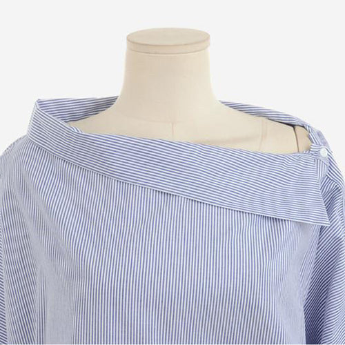 Load image into Gallery viewer, Autumn Striped Sexy Oblique Strapless Loose Longsleeve Shirt-women-wanahavit-BLUE-S-wanahavit
