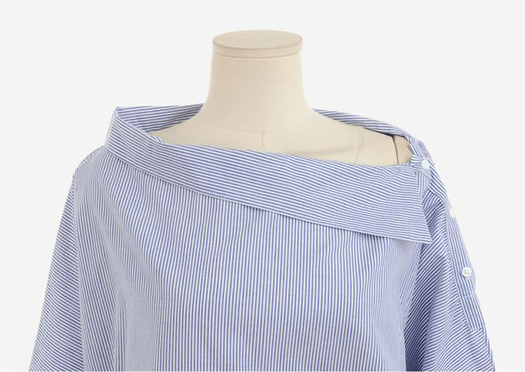 Autumn Striped Sexy Oblique Strapless Loose Longsleeve Shirt-women-wanahavit-BLUE-S-wanahavit