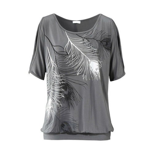 Load image into Gallery viewer, Slit Sleeve Cold Shoulder Feather Printed Summer T Shirt-women-wanahavit-Gray-S-wanahavit
