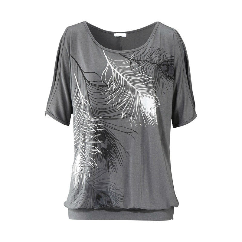 Slit Sleeve Cold Shoulder Feather Printed Summer T Shirt-women-wanahavit-Gray-S-wanahavit