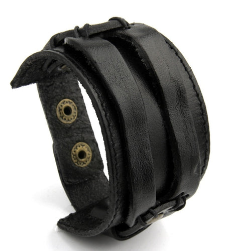 Leather Cuff Double Strap Wide Bracelet-unisex-wanahavit-Black-wanahavit