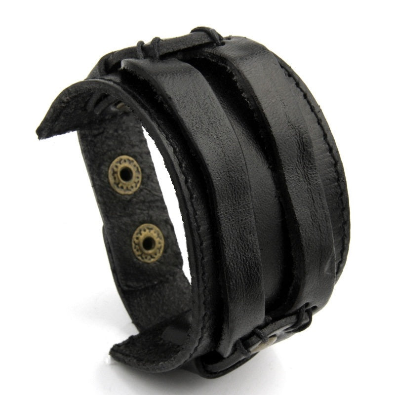 Leather Cuff Double Strap Wide Bracelet-unisex-wanahavit-Black-wanahavit