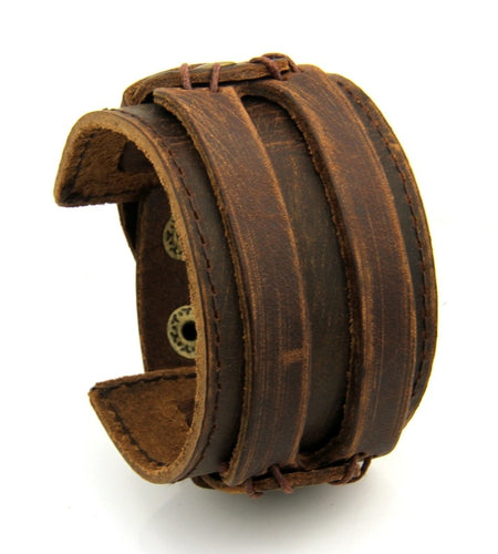 Leather Cuff Double Strap Wide Bracelet-unisex-wanahavit-Brown-wanahavit