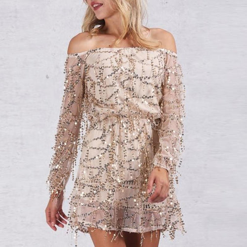 Load image into Gallery viewer, Sexy Off Shoulder Sequin Tassel Summer Dress-women-wanahavit-White-S-wanahavit
