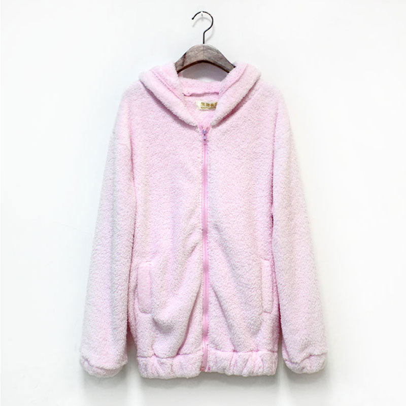 Fluffy Cute Bear Warm Hooded Jacket-women-wanahavit-Pink-One Size-wanahavit