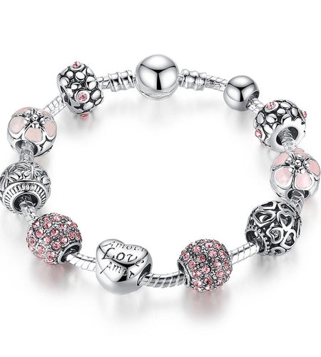Antique Silver Charm with Love and Flower Crystal Ball Bracelet-women-wanahavit-Pink-20cm-wanahavit