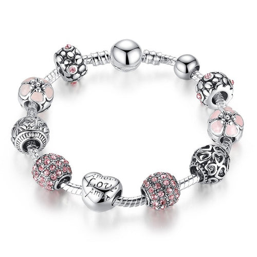 Load image into Gallery viewer, Antique Silver Charm with Love and Flower Crystal Ball Bracelet-women-wanahavit-Pink-20cm-wanahavit
