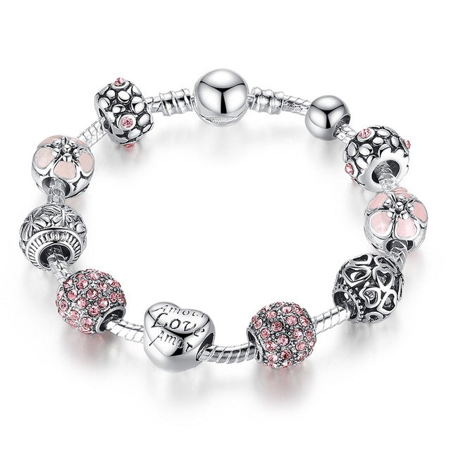 Antique Silver Charm with Love and Flower Crystal Ball Bracelet-women-wanahavit-Pink-20cm-wanahavit