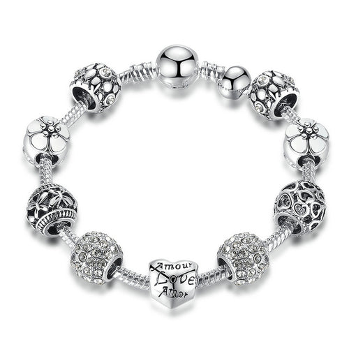 Load image into Gallery viewer, Antique Silver Charm with Love and Flower Crystal Ball Bracelet-women-wanahavit-Silver-20cm-wanahavit
