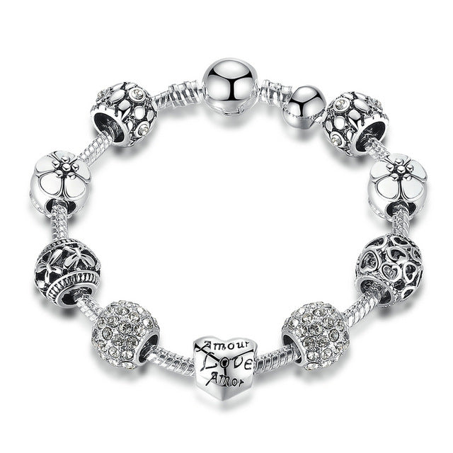 Antique Silver Charm with Love and Flower Crystal Ball Bracelet-women-wanahavit-Silver-20cm-wanahavit