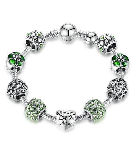 Antique Silver Charm with Love and Flower Crystal Ball Bracelet-women-wanahavit-Green-20cm-wanahavit