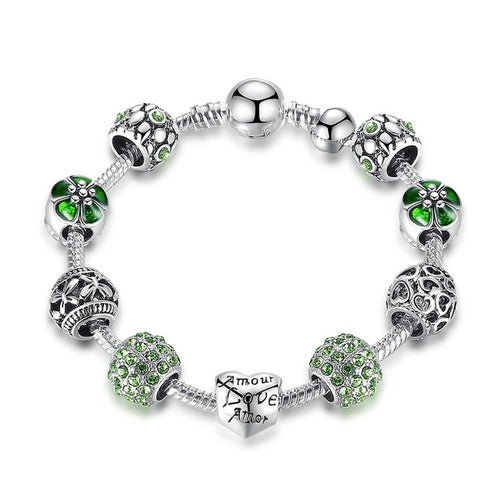 Load image into Gallery viewer, Antique Silver Charm with Love and Flower Crystal Ball Bracelet-women-wanahavit-Green-20cm-wanahavit
