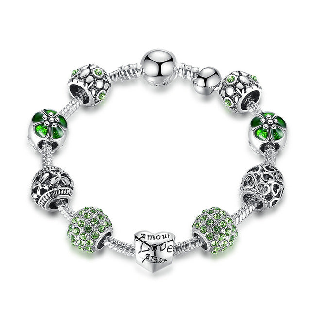 Antique Silver Charm with Love and Flower Crystal Ball Bracelet-women-wanahavit-Green-20cm-wanahavit