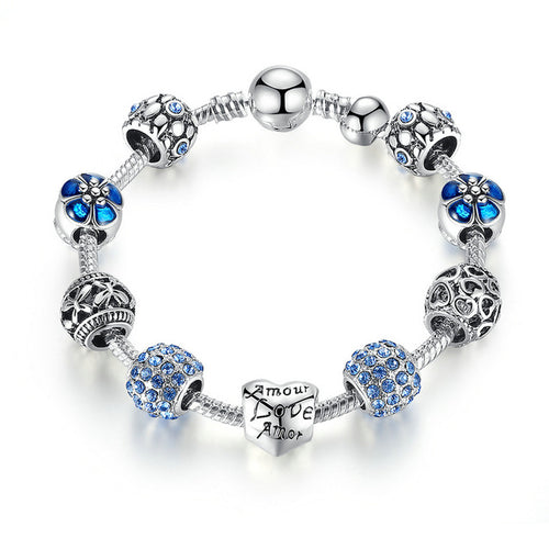 Load image into Gallery viewer, Antique Silver Charm with Love and Flower Crystal Ball Bracelet-women-wanahavit-Blue-20cm-wanahavit
