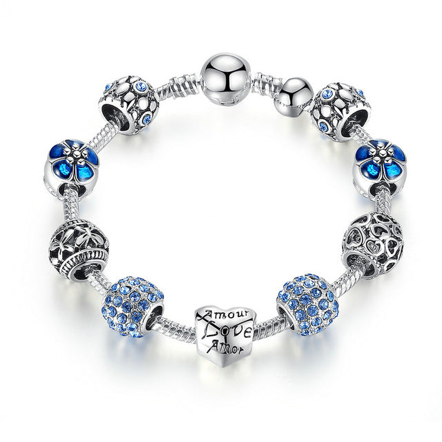 Antique Silver Charm with Love and Flower Crystal Ball Bracelet-women-wanahavit-Blue-20cm-wanahavit