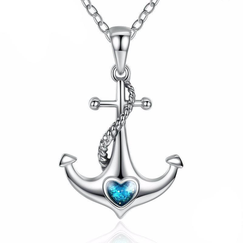 925 Sterling Silver Blue Heart Crystal Anchor Pendant Necklace-women-wanahavit-wanahavit
