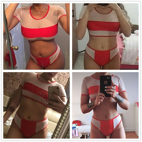 Load image into Gallery viewer, Sexy Short Sleeve Mesh High Waist Bikini-women fitness-wanahavit-Red-S-wanahavit
