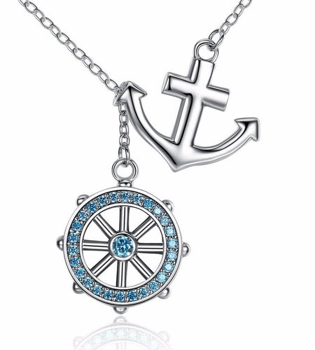 925 Sterling Silver Blue Anchor & Rudder Pendant Neklace-women-wanahavit-wanahavit