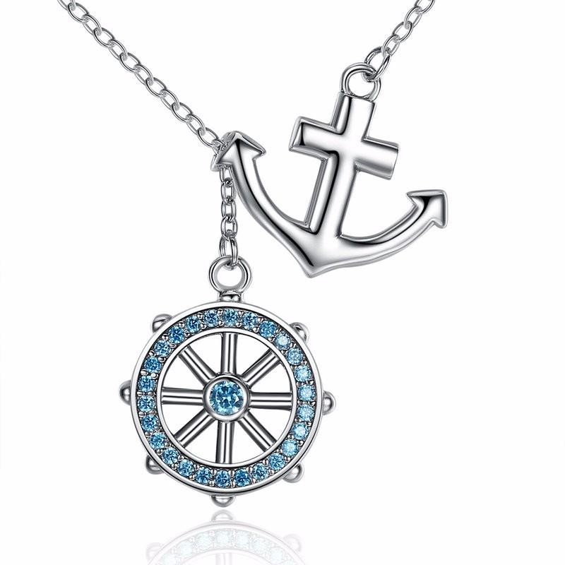 925 Sterling Silver Blue Anchor & Rudder Pendant Neklace-women-wanahavit-wanahavit