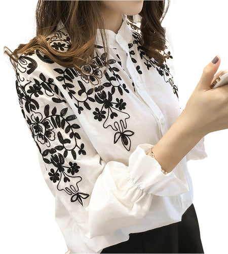 Embroidered Floral and Leaves Linen Cotton Blouse-women-wanahavit-White-S-wanahavit