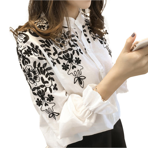 Load image into Gallery viewer, Embroidered Floral and Leaves Linen Cotton Blouse-women-wanahavit-White-S-wanahavit
