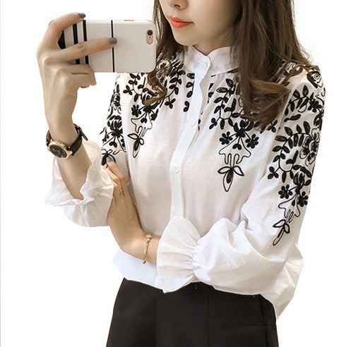 Load image into Gallery viewer, Embroidered Floral and Leaves Linen Cotton Blouse-women-wanahavit-White-S-wanahavit

