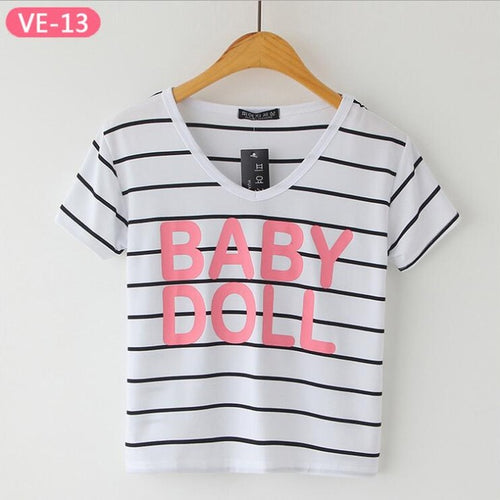 Load image into Gallery viewer, Striped Crop Top Printed Loose Short Sleeve Tees-women-wanahavit-Baby Doll-One Size-wanahavit
