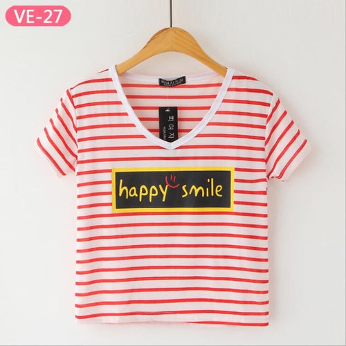 Load image into Gallery viewer, Striped Crop Top Printed Loose Short Sleeve Tees-women-wanahavit-Happy Smile-One Size-wanahavit
