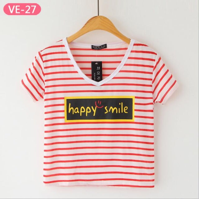 Striped Crop Top Printed Loose Short Sleeve Tees-women-wanahavit-Happy Smile-One Size-wanahavit