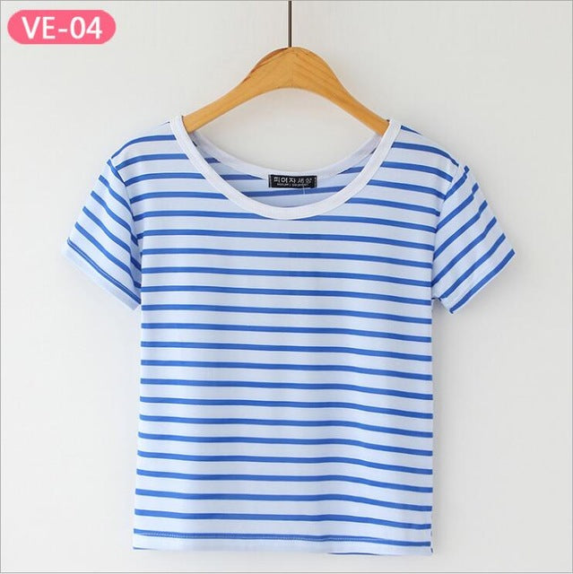 Striped Crop Top Printed Loose Short Sleeve Tees-women-wanahavit-Plain Blue Stripe-One Size-wanahavit