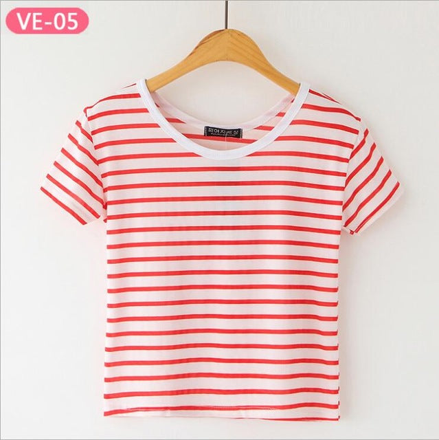 Striped Crop Top Printed Loose Short Sleeve Tees-women-wanahavit-Plain Red Stripe-One Size-wanahavit