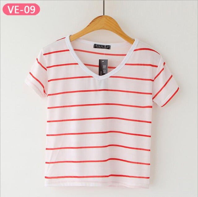 Striped Crop Top Printed Loose Short Sleeve Tees-women-wanahavit-Plain Pink Stripe-One Size-wanahavit