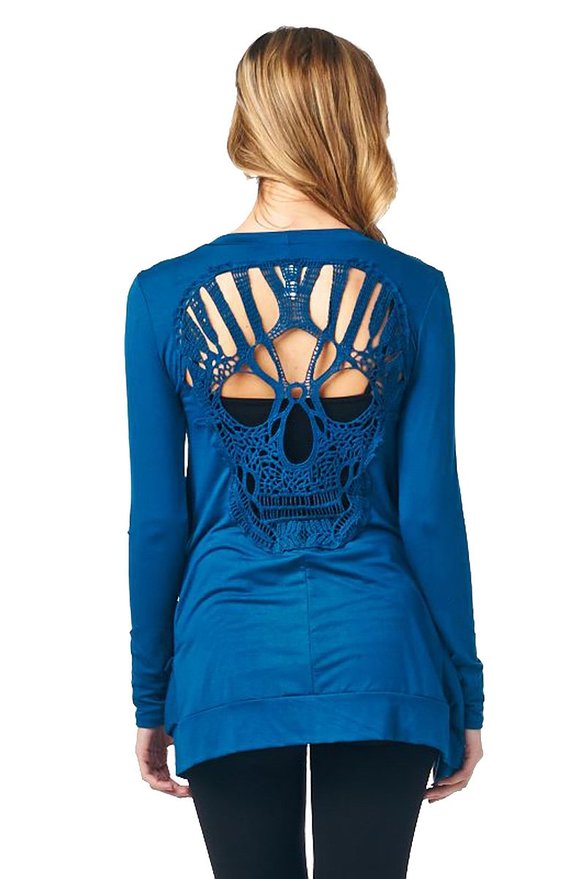 Knitted Skull Hollow Out Cardigan-women-wanahavit-blue-S-wanahavit