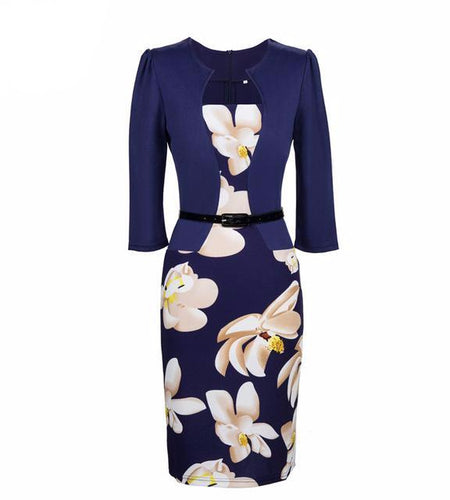 One Piece Floral Printed Elegant Business Formal Work Dress-women-wanahavit-navy blue-S-wanahavit