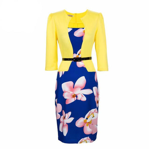 Load image into Gallery viewer, One Piece Floral Printed Elegant Business Formal Work Dress-women-wanahavit-yellow with blue-S-wanahavit
