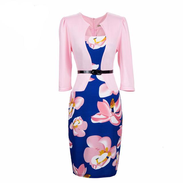 One Piece Floral Printed Elegant Business Formal Work Dress-women-wanahavit-pink with blue-S-wanahavit