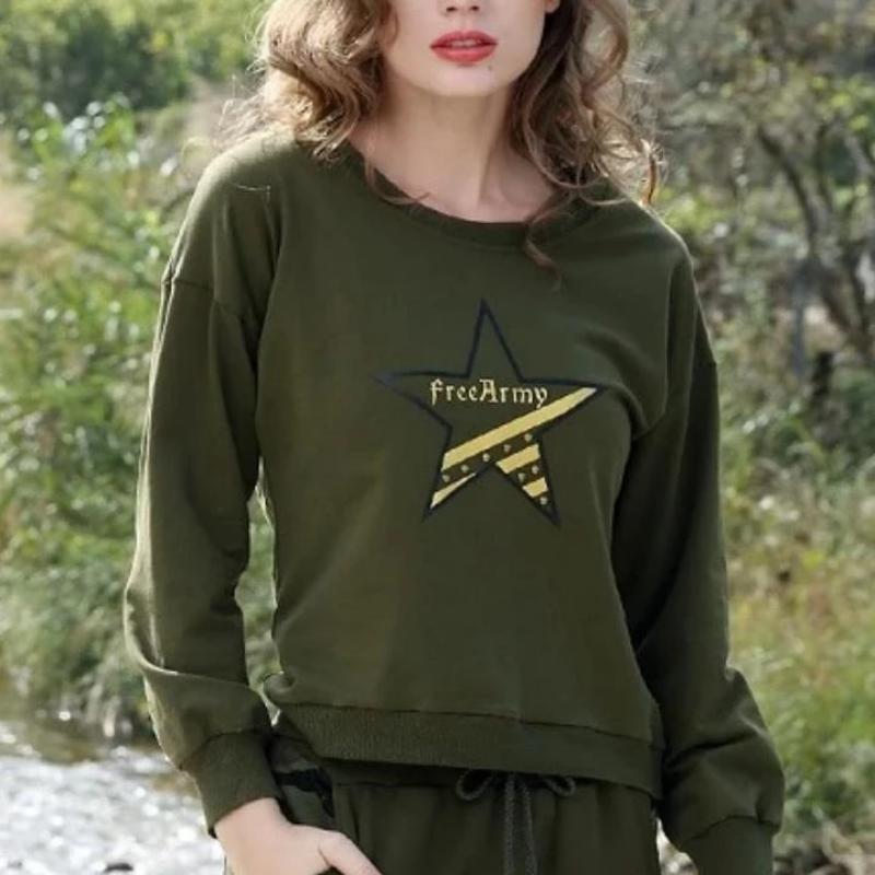 Stars & Stripes Printed Casual Long Sleeve Sweatshirt-women-wanahavit-army green-S-wanahavit