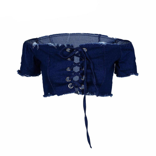 Load image into Gallery viewer, Sexy Lace Up Off Shoulder Crop Top Shirt-women-wanahavit-Deep Blue-L-wanahavit
