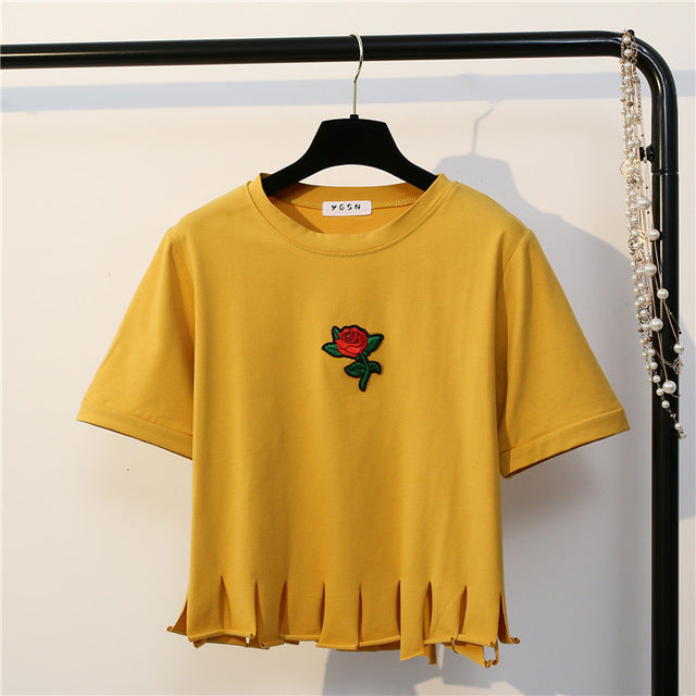 Cute Embroidered Rose Crop Top Shirt-women-wanahavit-Gold-One Size-wanahavit