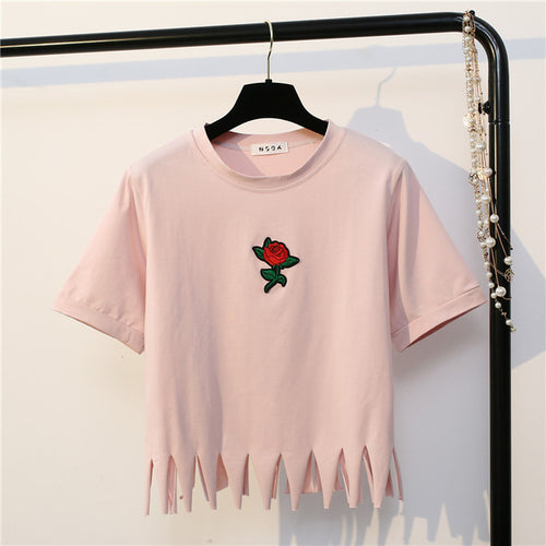 Load image into Gallery viewer, Cute Embroidered Rose Crop Top Shirt-women-wanahavit-Pink-One Size-wanahavit
