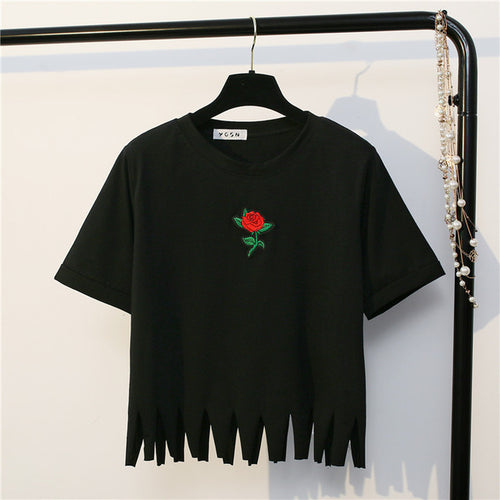 Load image into Gallery viewer, Cute Embroidered Rose Crop Top Shirt-women-wanahavit-Black-One Size-wanahavit
