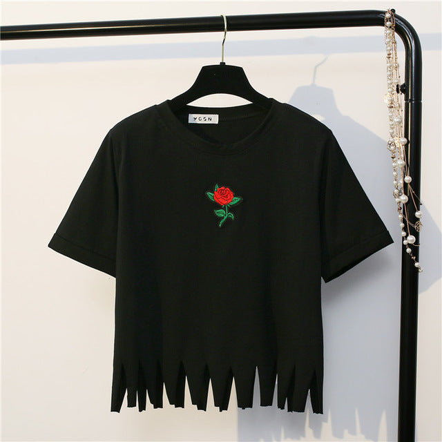 Cute Embroidered Rose Crop Top Shirt-women-wanahavit-Black-One Size-wanahavit