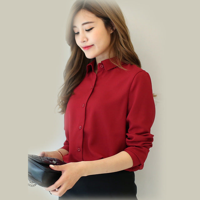 Solid Color Lapel Casual Loose Long Sleeve Shirt for women - wanahavit