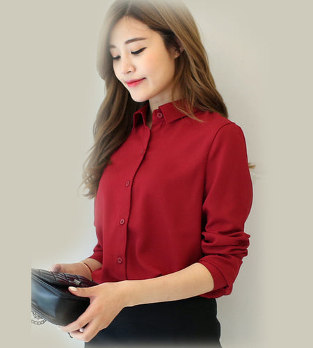 Solid Color Lapel Casual Loose Long Sleeve Shirt-women-wanahavit-Wine Red-M-wanahavit