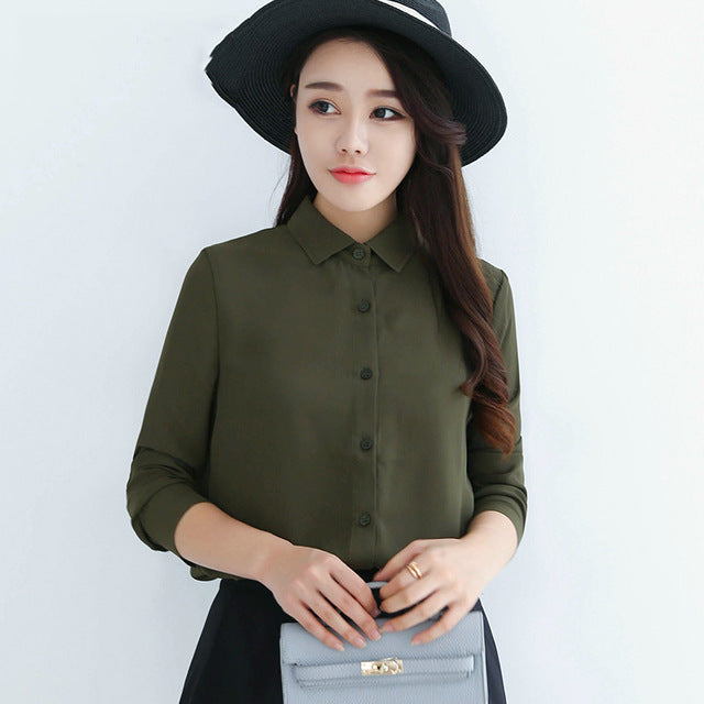 Solid Color Lapel Casual Loose Long Sleeve Shirt-women-wanahavit-Green-S-wanahavit