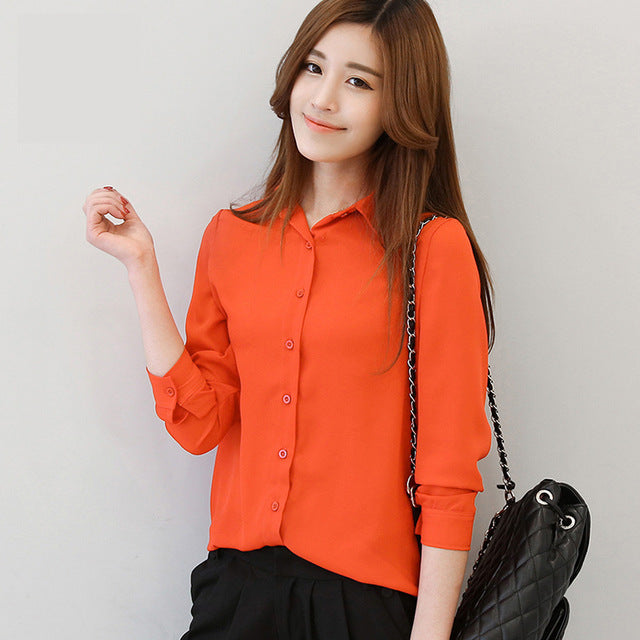 Solid Color Lapel Casual Loose Long Sleeve Shirt-women-wanahavit-Orange-S-wanahavit